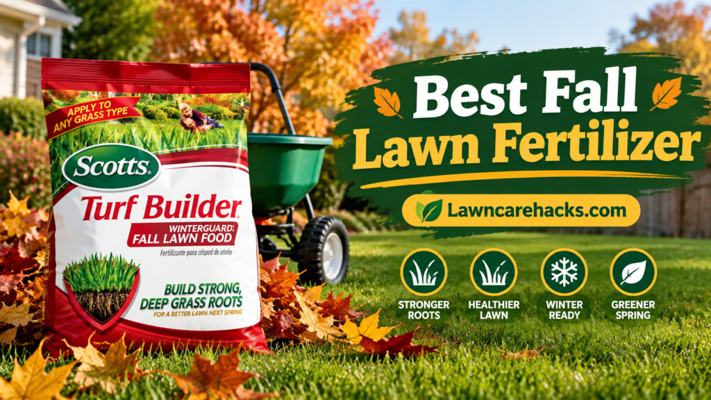 Bag of fall lawn fertilizer ready to spread on a cool-season lawn