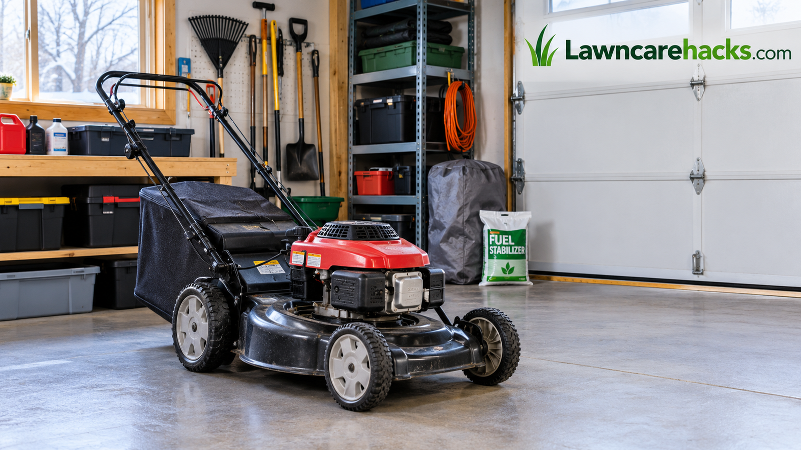 Gas lawn mower parked in a tidy garage ready for winter storage