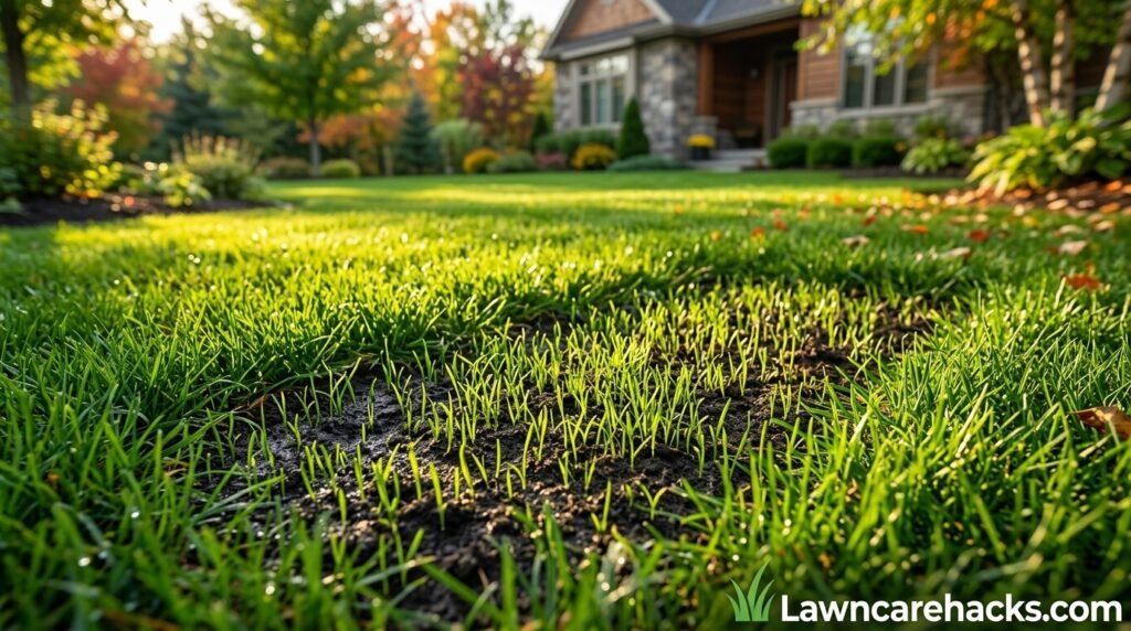 Healthy green lawn with fresh grass seedlings coming in during early fall