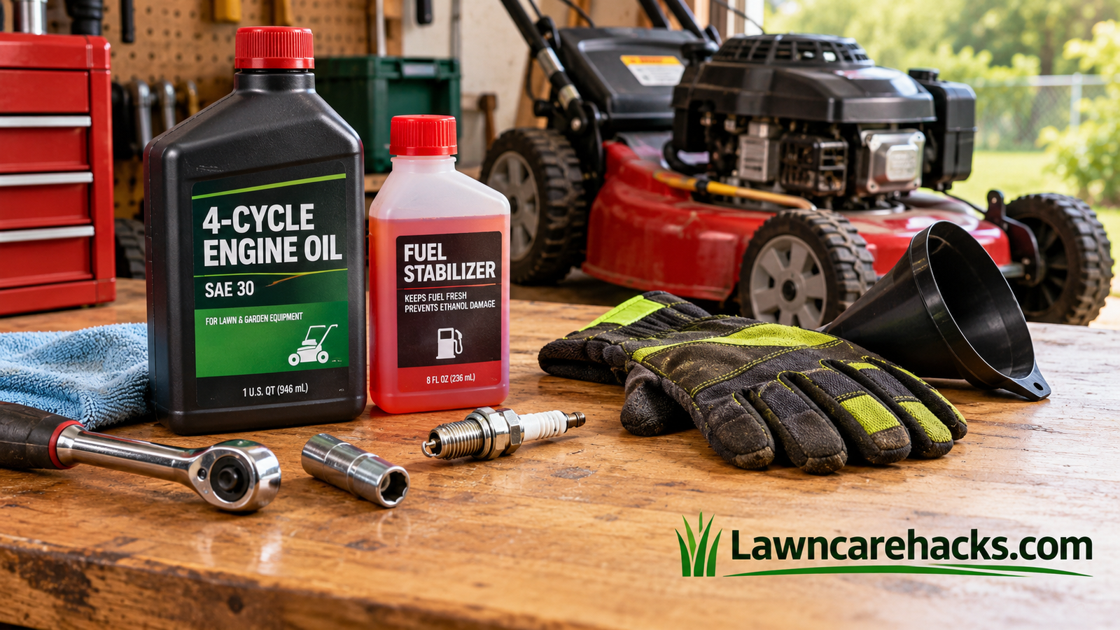 Mower tools laid out on a workbench including oil, stabilizer, spark plug, and gloves