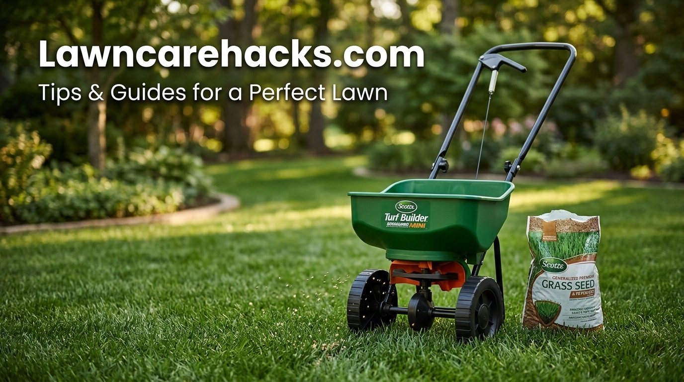 Scotts Turf Builder EdgeGuard Mini broadcast spreader standing on a green lawn