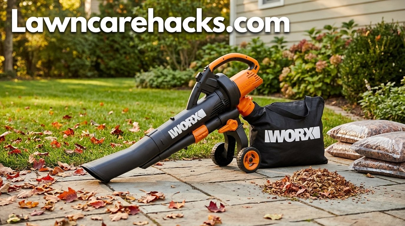 WORX WG509 Trivac 3-in-1 leaf mulcher vacuum shown with blower tube and collection bag